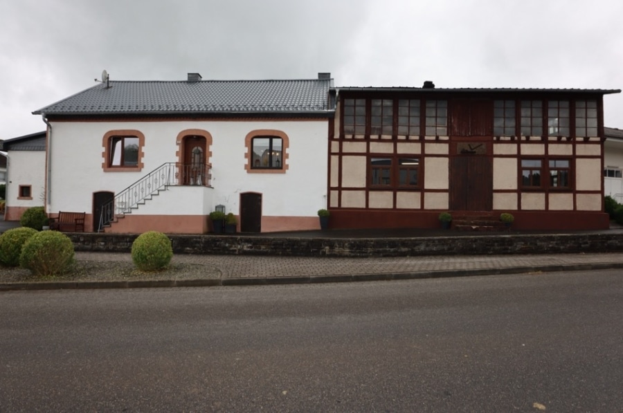 Straßenansicht - Einfamilienhaus mit anstehendem ehemaligen Werkstattgebäude, Garage und Garten, Hallschlag (4)