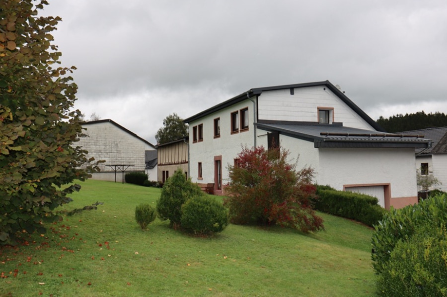 Rückseite Garten - Einfamilienhaus mit anstehendem ehemaligen Werkstattgebäude, Garage und Garten, Hallschlag (4)